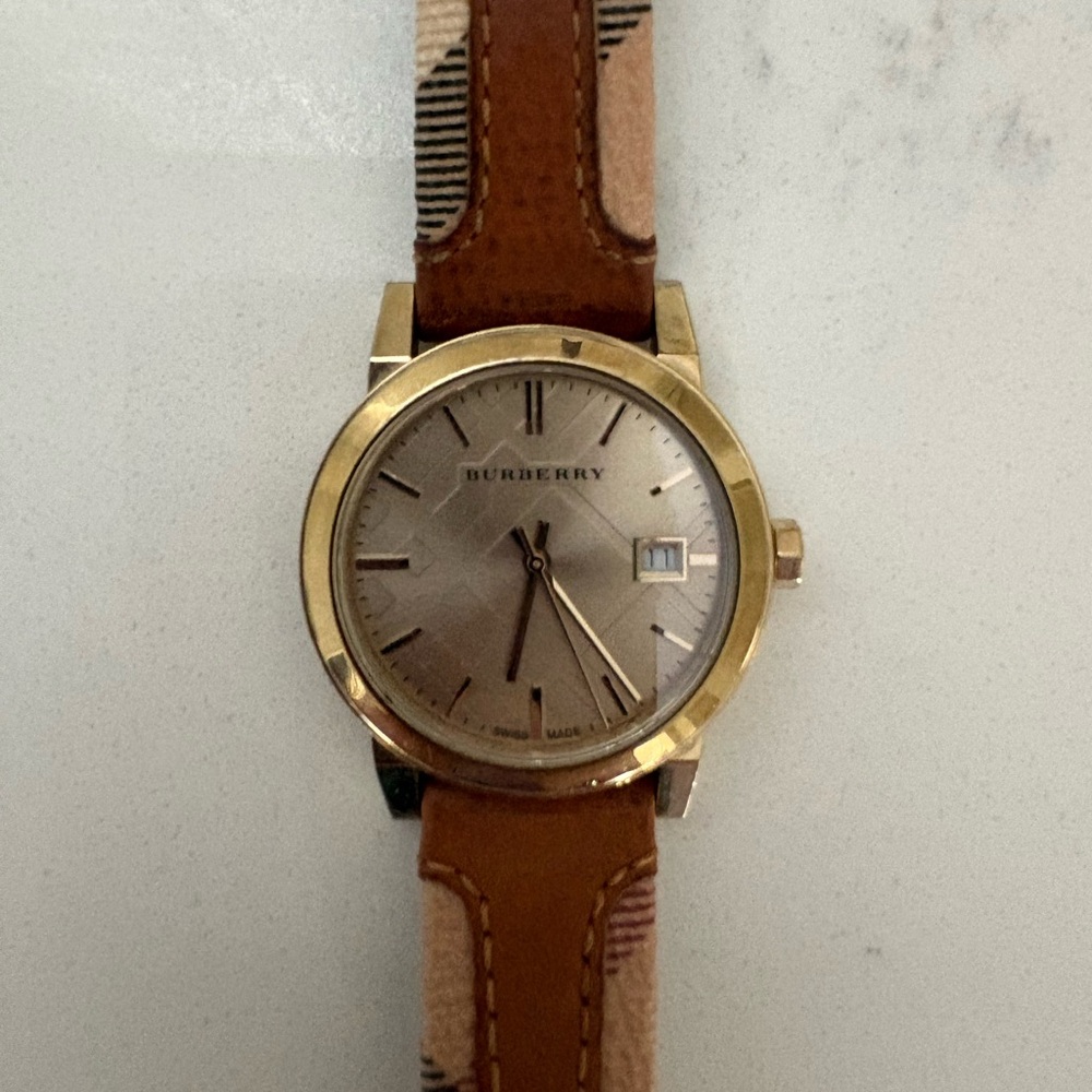 Burberry Gold and Tan Leather Watch